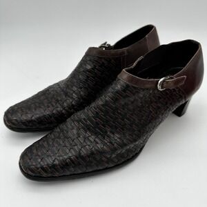 Brighton Turner‎ Ankle Booties Black Brown Woven Leather Block Heels Wms 9.5m
